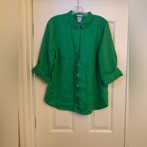 Chico’s Green No-iron Linen Button-Up Shirt size 2(L-12).